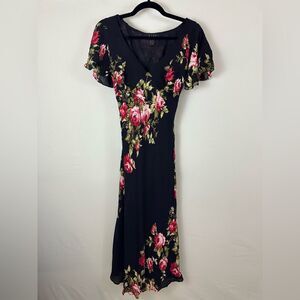 Nicole Miller Black Silk Romantic Floral Rose Flutter Sleeve Cocktail Date Dress